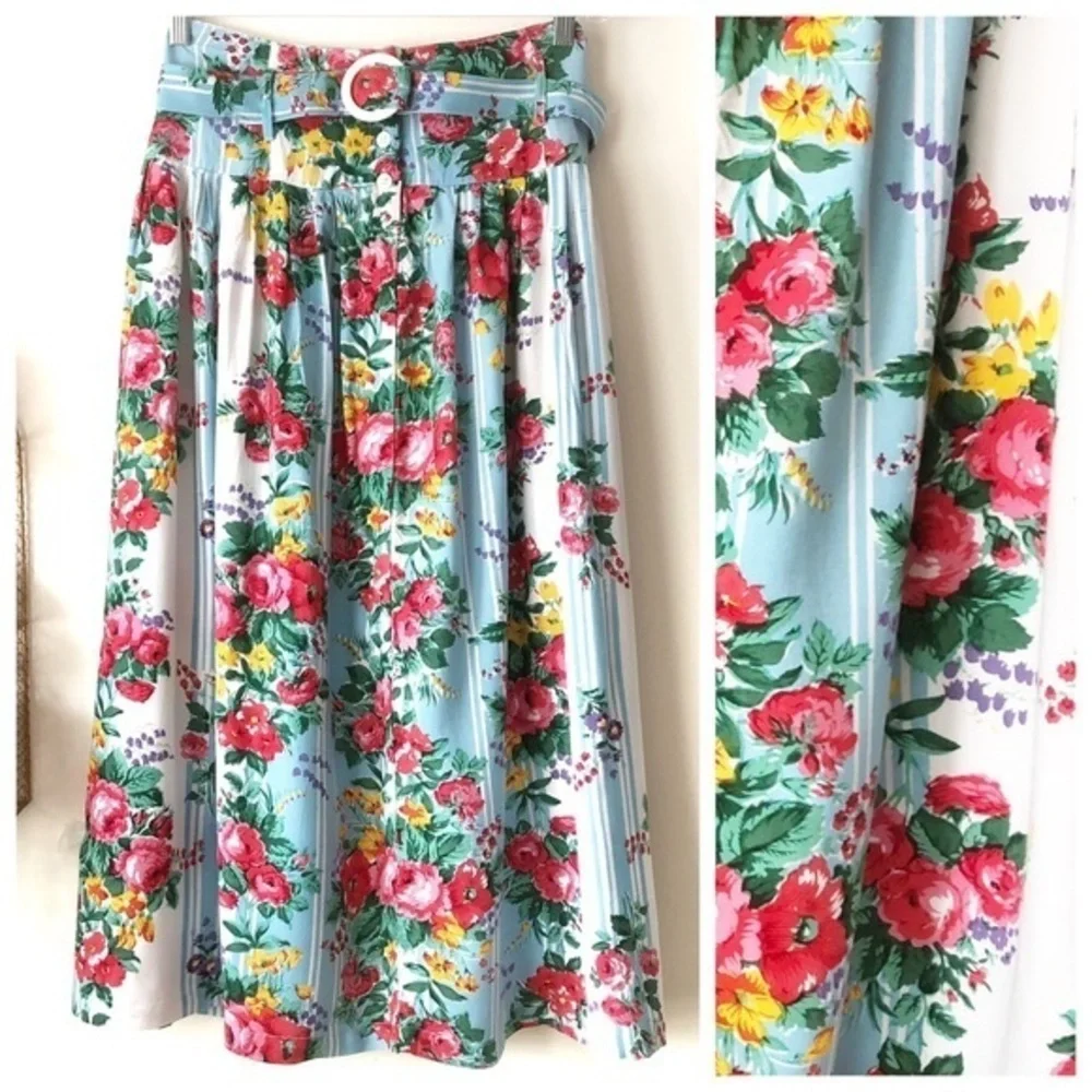 Vintage 90s Prairie Cottagecore Floral Striped Rayon Midi Skirt Belted Size 10